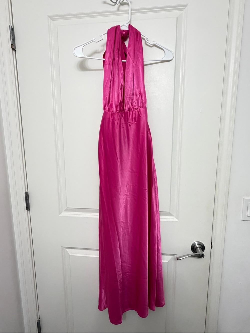 Bright Pink Halter Satin Maxi Dress